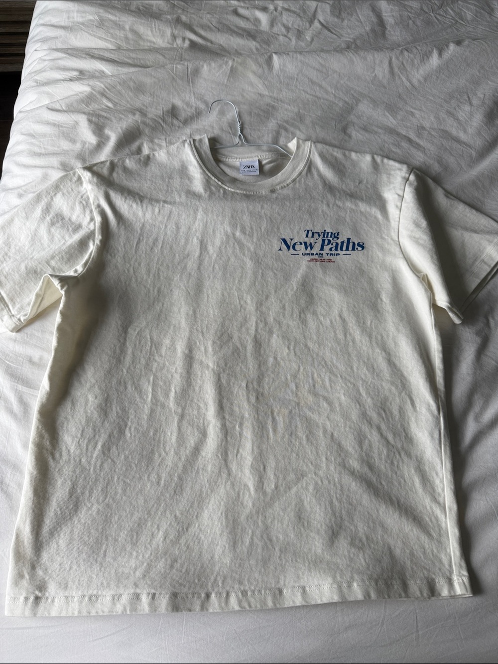 Zara Cream Crewneck Graphic Tee with Subtle Blue Logo